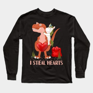 Valentines Day Dinosaur I Steal Hearts Unicorn Riding T rex Long Sleeve T-Shirt